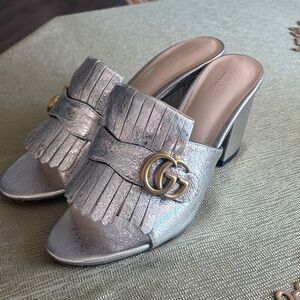 Gucci Metallic Silver Fringe Mules Sandals GG size 42 shoes